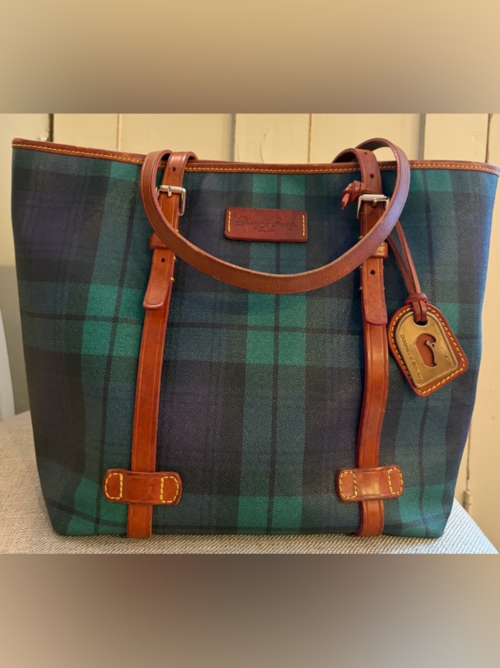 Dooney & Bourke Green and Navy Plaid Tote with Brown Leather Accents